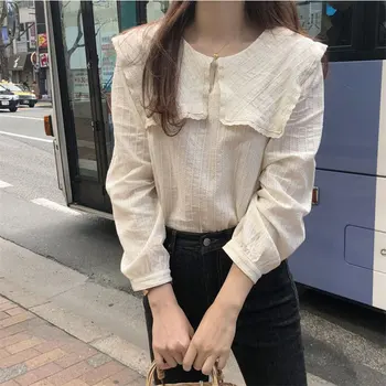 

Sweet Jacquard Fashion Casual Patchwork Ruffles Loose Women Tops Chic Autumn Fresh All-Match Full-Sleeved Shirts