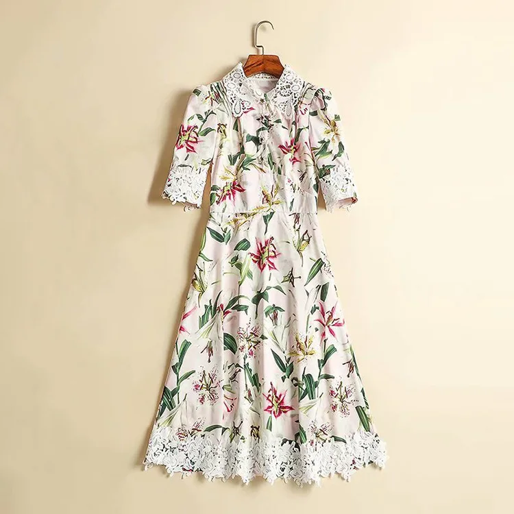 LINGHAN Runway дизайнерское летнее платье миди женское с коротким рукавом на заказ lily Кнопка цветочный принт кружевное элегантное платье vestdios