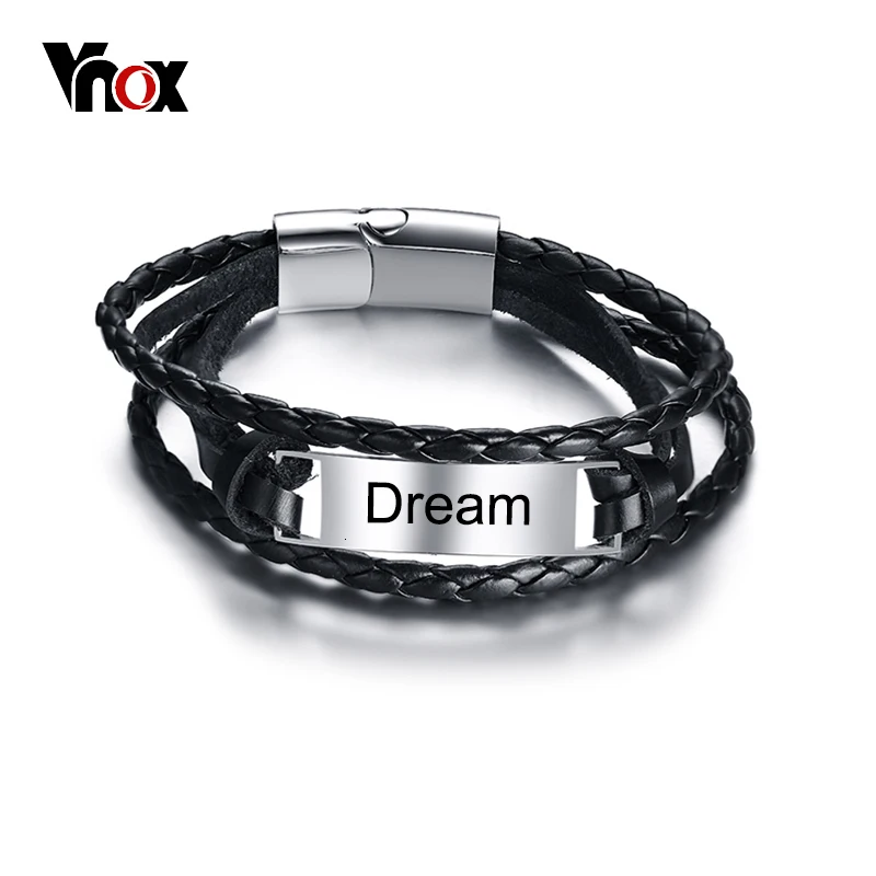 Vnox Free Engraving Customized Info Bracelet for Men Black Multiple Layers Leather Bracelets Bangles 8.46&quot Male Boy Jewelry | Украшения