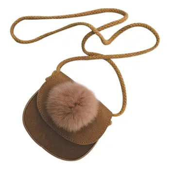 

New Children Girls Cute Hairball Leather Messenger Bag Handbag Shoulder Bag for Baby Girls Mini Crossbody Bag(Brown)