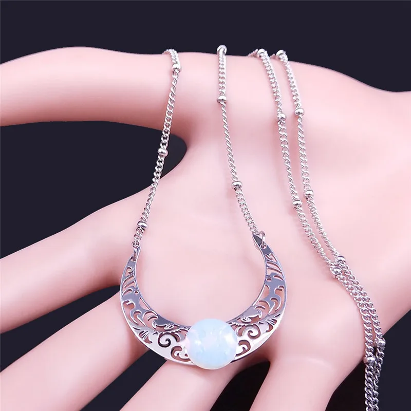 2020 Moon Moonstone Stainless Steel Chain Necklace Women Silver Color Pendants Necklaces Boho Jewelry bijoux femme N1129S04