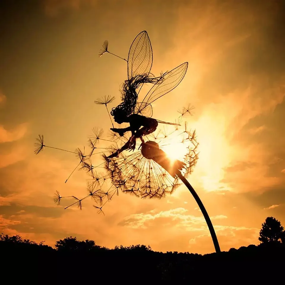 

Mythical Fairy Garden Sculptures Metal Stake Fairies and Dandelions Dance Yard Art Decor Dandelion Figurine Ornaments Statue