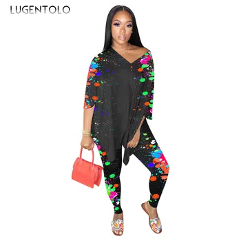 

Lugentolo Women 2 Piece Set Loose V-neck Print Casual Three Quarter Sleeve Split Tops Long Pencil Pants Fashion Lady Casual Sets
