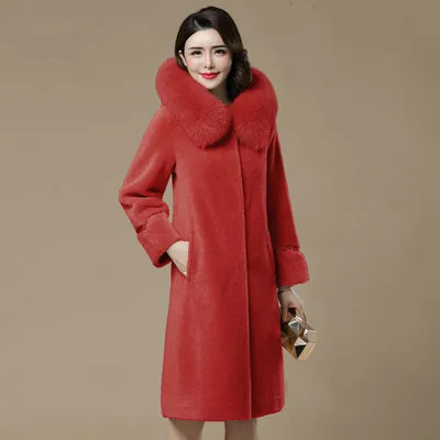 

2019 Autumn Winter New Fashion Hooded Cap Inclined Pocket Red Female Woolen Coats Simple Elegant Comfortable Thickened Woman Top