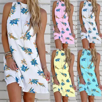 

2020 Summer Womens Dress Fashion High Neck Floral Print Short Dress Sexy Sleeveless Backless Loose Boho Beach Dress Sundress Hot