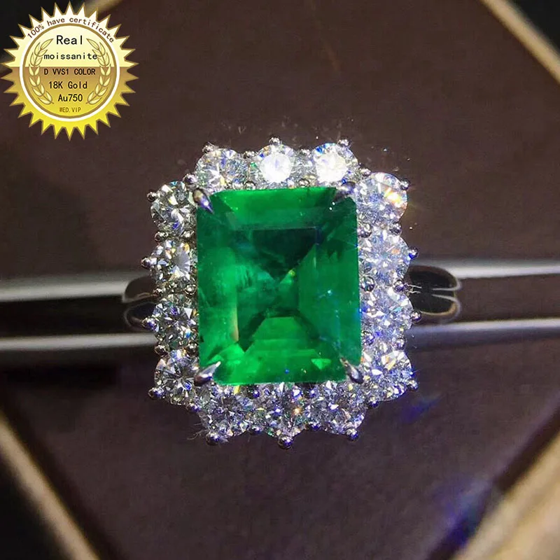 10K Gold ring Lab Created 3ct Emerald and Moissanite Diamond Ring With ...