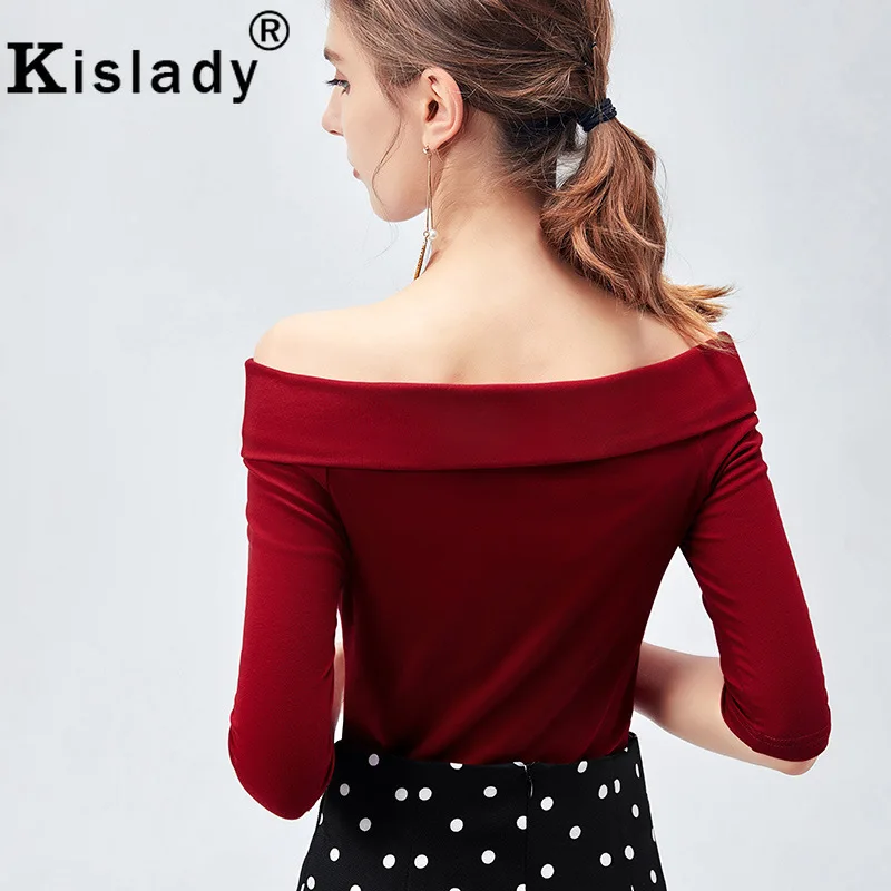 Kislady, осень, сексуальные приталенные футболки с вырезом лодочкой для женщин, черная, красная, горячая Распродажа, тонкая Корейская одежда, готические женские топы Харадзюку