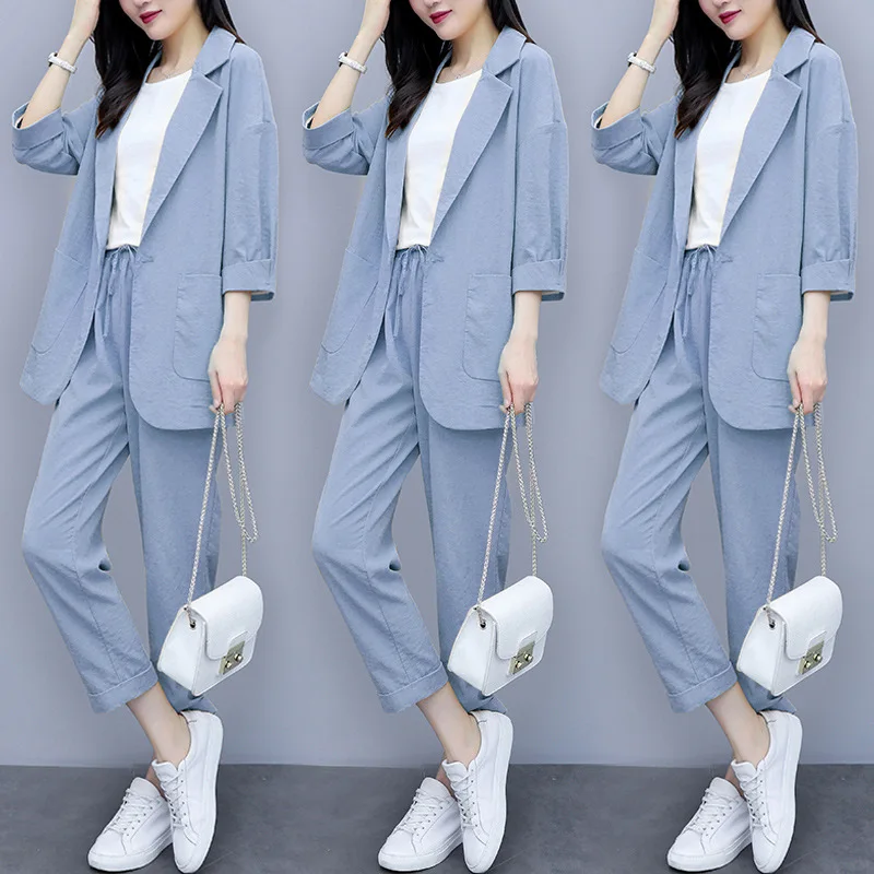 Women Spring autumn Casual 2 piece Suits sets suit Plus Size Solid Cotton and linen Blazer Coat Harem Pants Suits Casual Office Women Spring autumn Casual 2 piece Suits sets suit Plus Size Solid Cotton and linen Blazer Coat Harem Pants Suits Casual Office