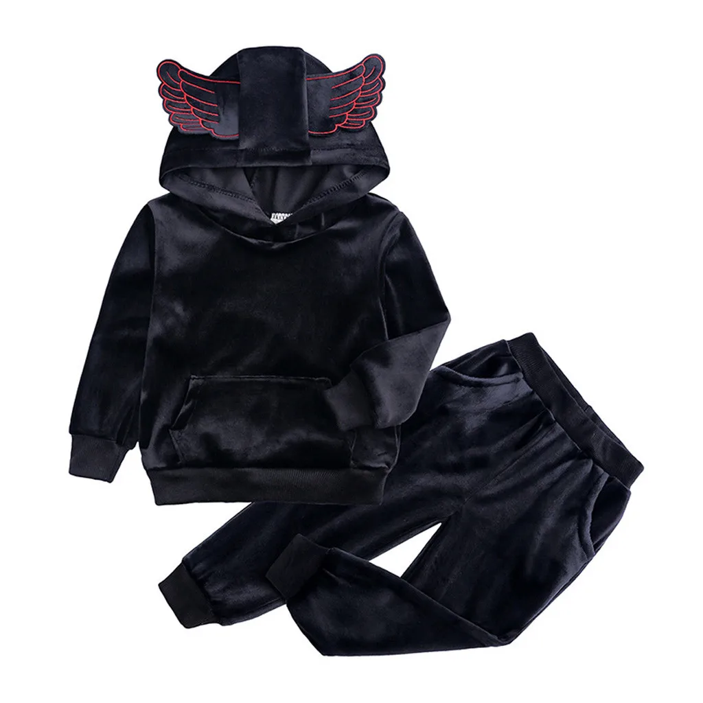 Толстовки и свитшоты для маленьких мальчиков и девочек; Флисовая теплая толстовка с капюшоном и 3D крыльями; штаны; комплект одежды; Прямая