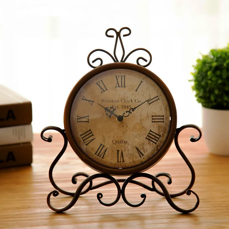 

European Antique Iron Living Room Table Clock Home Decor Vintage Mute Clock Retro Roman Office Desktop Digital Bracket Clock