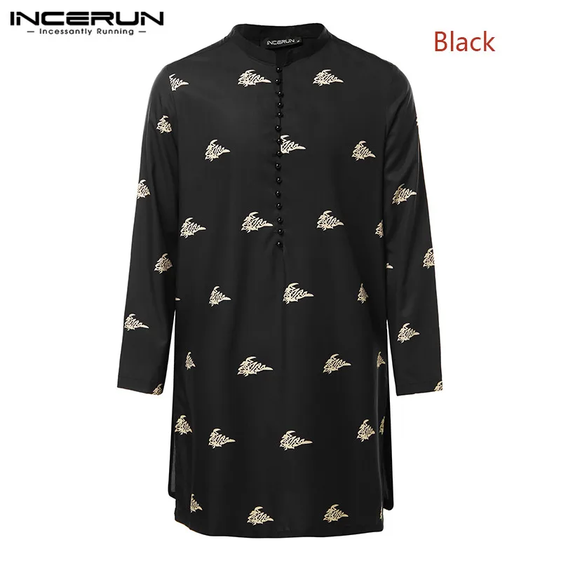 Black Shirt INCERUN мужские длинные рубашки с принтом, винтажные рубашки с длинным рукавом и стоячим воротником, мужские индийские топы, уличная одежда, повседневные пуловеры - Цвет: Black Shirt