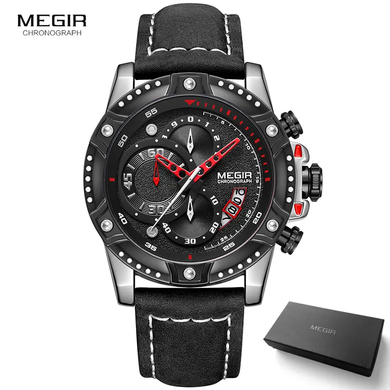 ML2130G-Silver black MEGIR армейский Милитари спортивный часы для мужчин лучший бренд класса люкс кварцевые наручные часы с хронографом Relogio Masculino кожаный ремешок коричневый 2130 - Цвет: ML2130G-Silver black