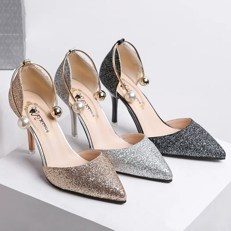 

2019 Women's Pointed-Toe Pearl Spring High Heel Shoes Women's Low-Cut Ankle Ring New Style Thin Heeled Adult Buckle Shoes