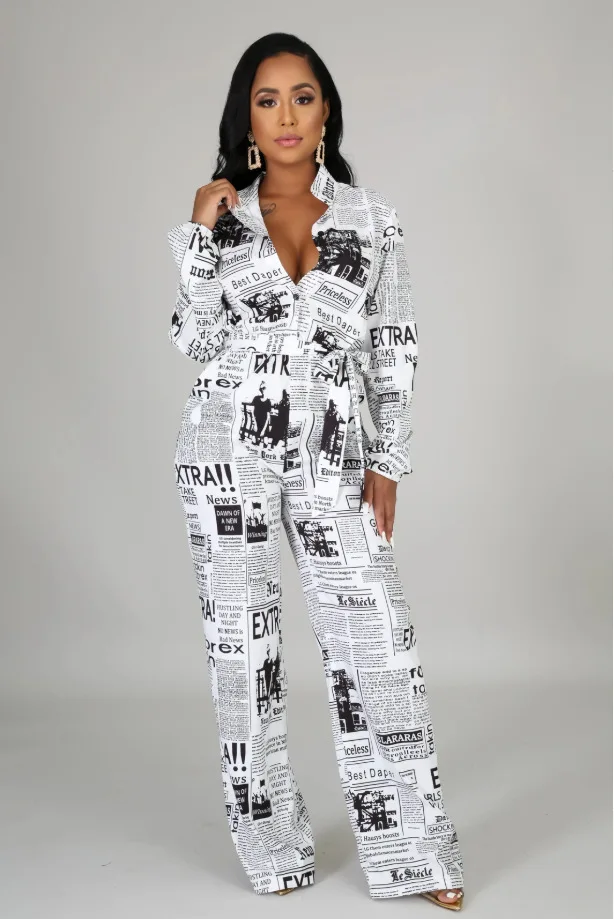 Newspaper Print Women Jumpsuit Full 