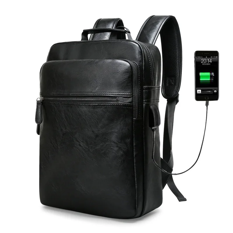 Fashion Laptop Men Backpack Large Capacity Travel Man Bag with USB Charging Backpacks PU Leather School College Waterproof