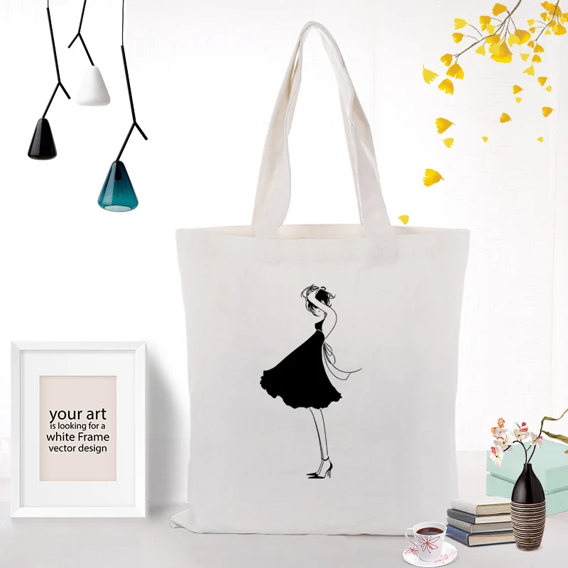 illustration girl Tote Bag Shopping Bag Custom Print Logo Canvas Text DIY Daily Use Eco Ecologicas Reusable Recycle Handbag