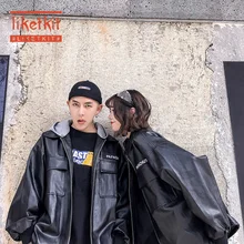 Liketkit, Весенняя Новинка, модные мужские Куртки из искусственной кожи, одноцветные, для пар, в стиле хип-хоп, кожаная мужская куртка, со съемным капюшоном, свободная уличная одежда
