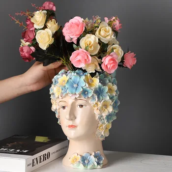 

European Cute Flower Girl Head Flower Vase Resin Arts Head Portraits FlowerPot Home Living Room Modern Decorative