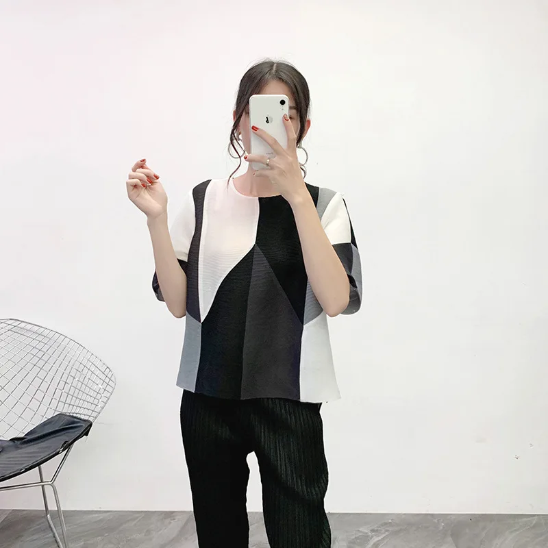 MIYAKE Fold/Новая Стильная осенне-зимняя футболка в этническом стиле со средним рукавом и принтом, нижняя рубашка
