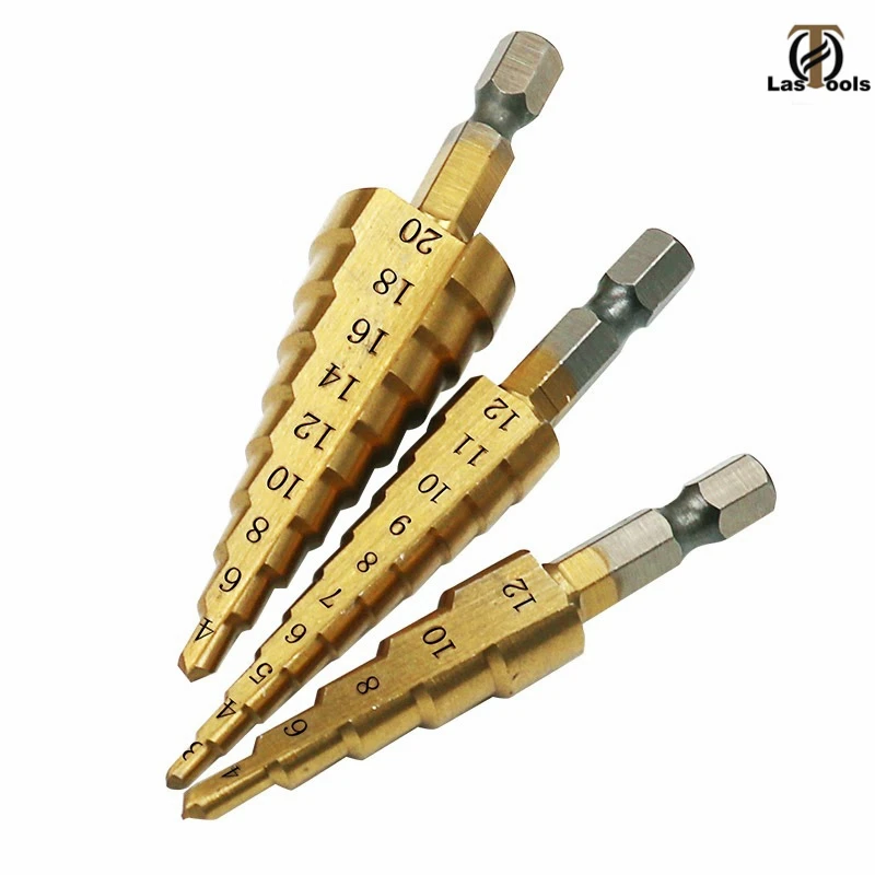 HSS Step Cone Drill Bit Set 3 Pieces 4-32mm Titanium Coated Pagoda Drill