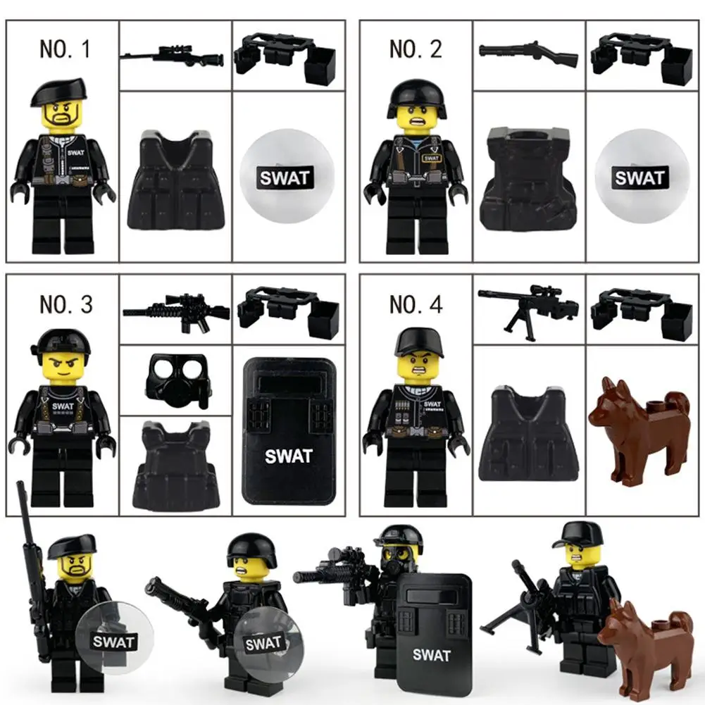 

4PCs Military Special Forces Soldiers Bricks Figures Guns Weapons Armed Compatible Legoings SWAT Building Blocks Ww2 kids Toys