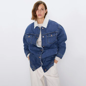 

New ZA Cowboy Coat Women Plus Cashmere Turn-Down Collar Long Sleeve Pocket Metal Single-Breasted Closure Long Coat Wholesale