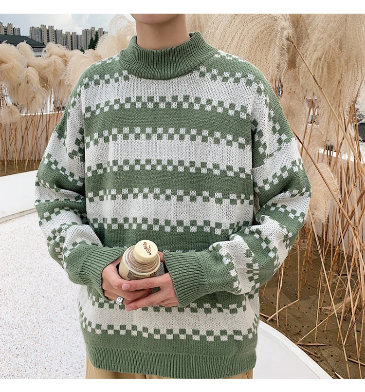 Winter New High Collar Sweater Men Warm Fashion Contrast Color Casual Knit Pullover Male Clothes Loose Long Sleeve Sweater Men