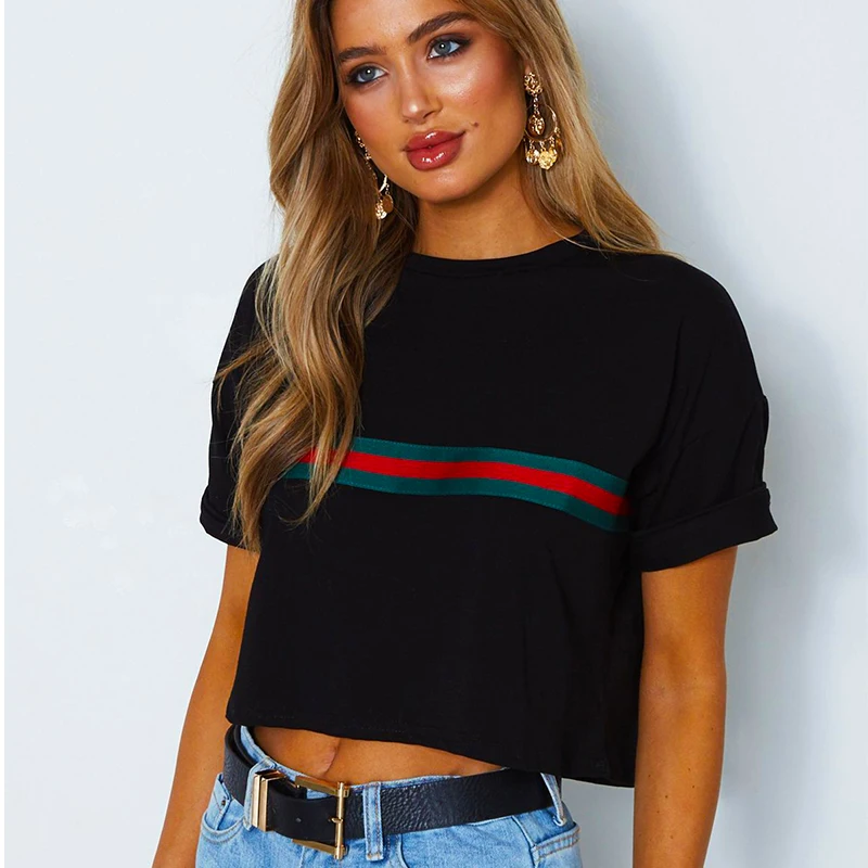 

2020 Sumemr Women's black full Polyester cotton O-Neck sexy exposed navel red and green stripes fashion short sleeve T-shirt