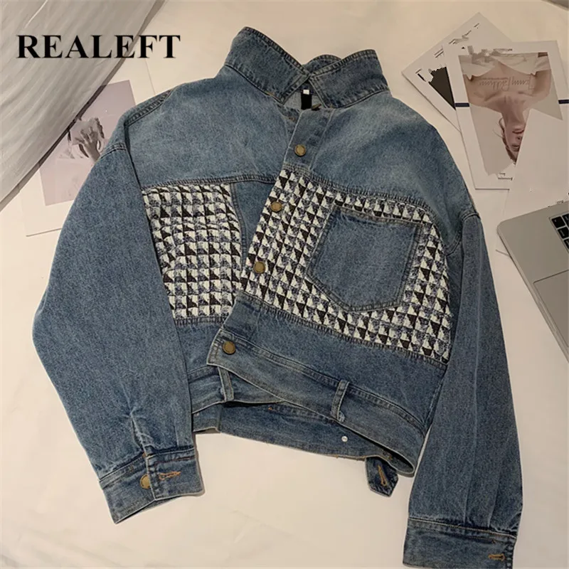 

REALEFT 2021 New Autumn Women's Jeans Vintage Houndstooth Patchwork Casual Loose Pockets Denim Coats Jean Jackets Outwear Female