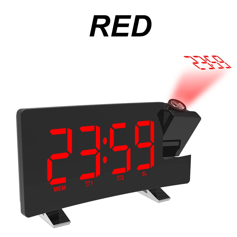 Домашний проекции FM радио цифровой будильник часы с режимом включения по таймеру Функция Подсветка вращающийся Wake Up проектор двойные СИГНАЛЫ УСТАНОВКА светодиодные часы - Цвет: Красный