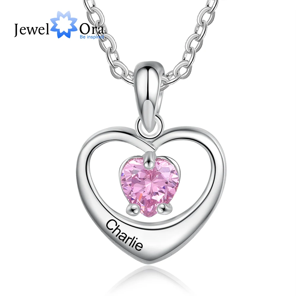 

JewelOra Customized Heart Necklace with Inlaid Birthstone Personalized Name Engraving Heart Pendant Jewelry Gifts for Girlfriend