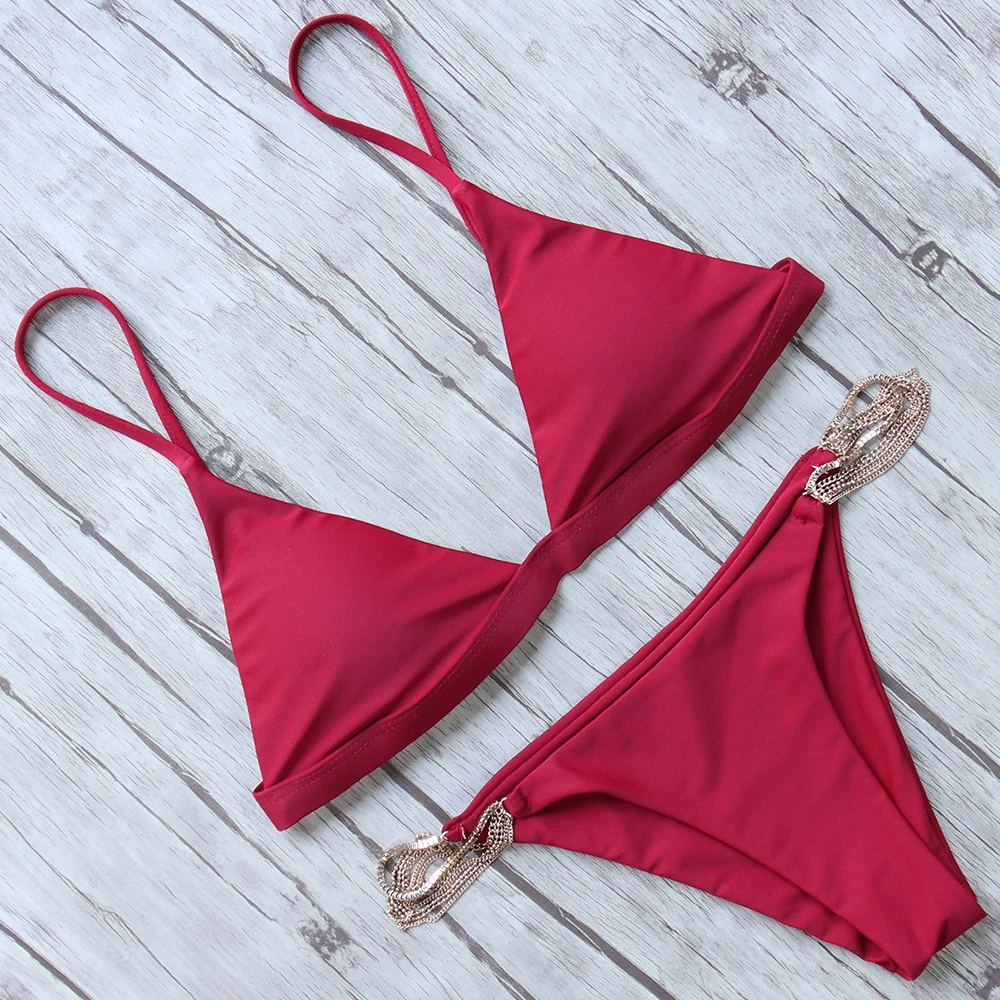 

Sexy Bikini Swimwear Women Push Up Padded Low Waist Triangle Bra Solid Metal Chain Swimsuit Brazilian Thong Biquini Bathing Suit