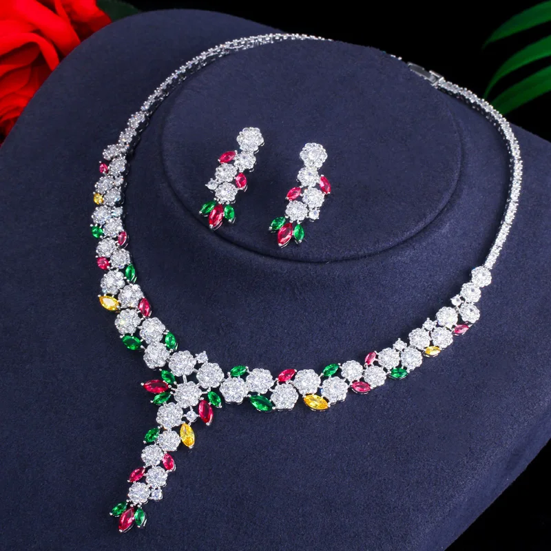 CWWZircons многоцветный кубический цирконий Висячие капли цветок для женщин свадебный вечерний костюм ожерелье серьги невесты Ювелирные наборы T387