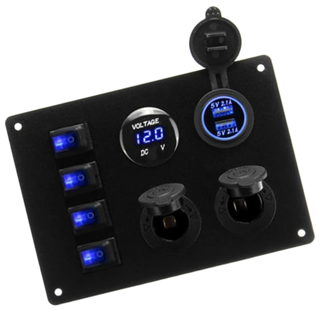 Car Marine Switch Panel, Boat Rocker Switch Panel, 4 Gang With Voltmeter/5V 2.1A 2-Charger/ Lighter