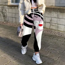 

Spring Women Elegant Elastic Waist Pocket Overalls Autumn Pattern Fake Face Print Patchwork Trouser for Female Casual Streetwear