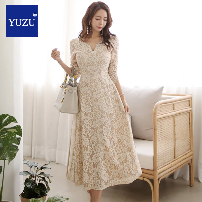 

Apricot Lace Deep V Neck A Line Dress Jacquard Party Dinner Office High Quality 2020 Spring Fashion Women Long Sleeve Dress
