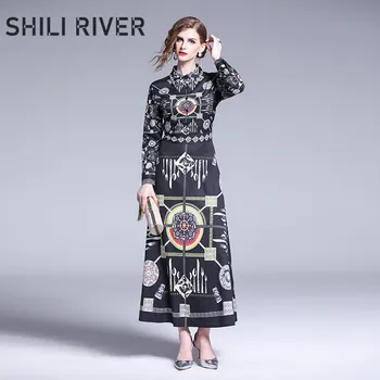 

New spring autumn ankle length dress for women a line long sleeve slim elegant print retro black button ladies dress with collar
