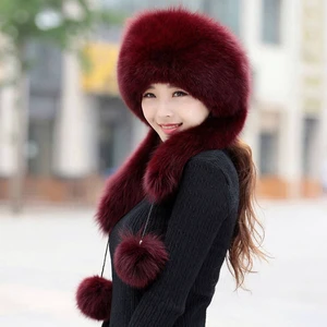 Шапка с имитацией меха женская, теплая универсальная шапка из искусственного лисьего меха, односторонний шарф, для улицы, винно-красного цвета, Осень-зима
