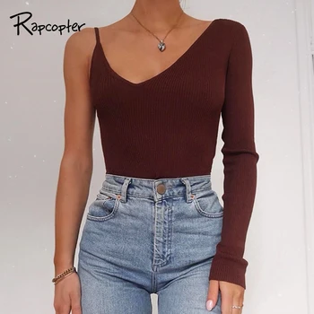 

Rapcopter Knitted T Shirt Irregular Knitwear Skinny Sexy Tee Tops Brown Solid Women Tops Streetwear Clubwear Fashion Tee Shirt