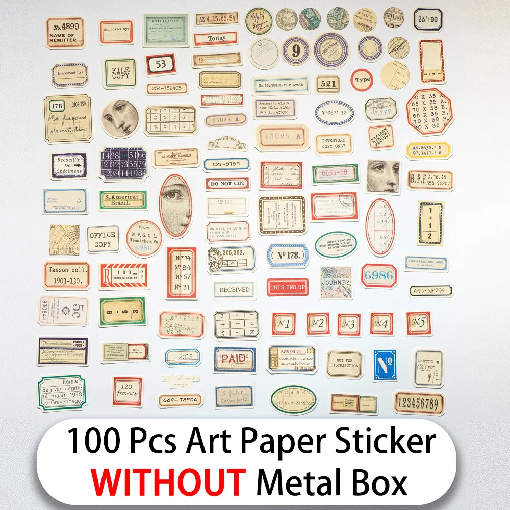 100Pcs Metal Box Junk Journal Ephemera Vintage Stickers Decorative Retro DIY Album Label Stickers Scrapbooking Material Supplies 