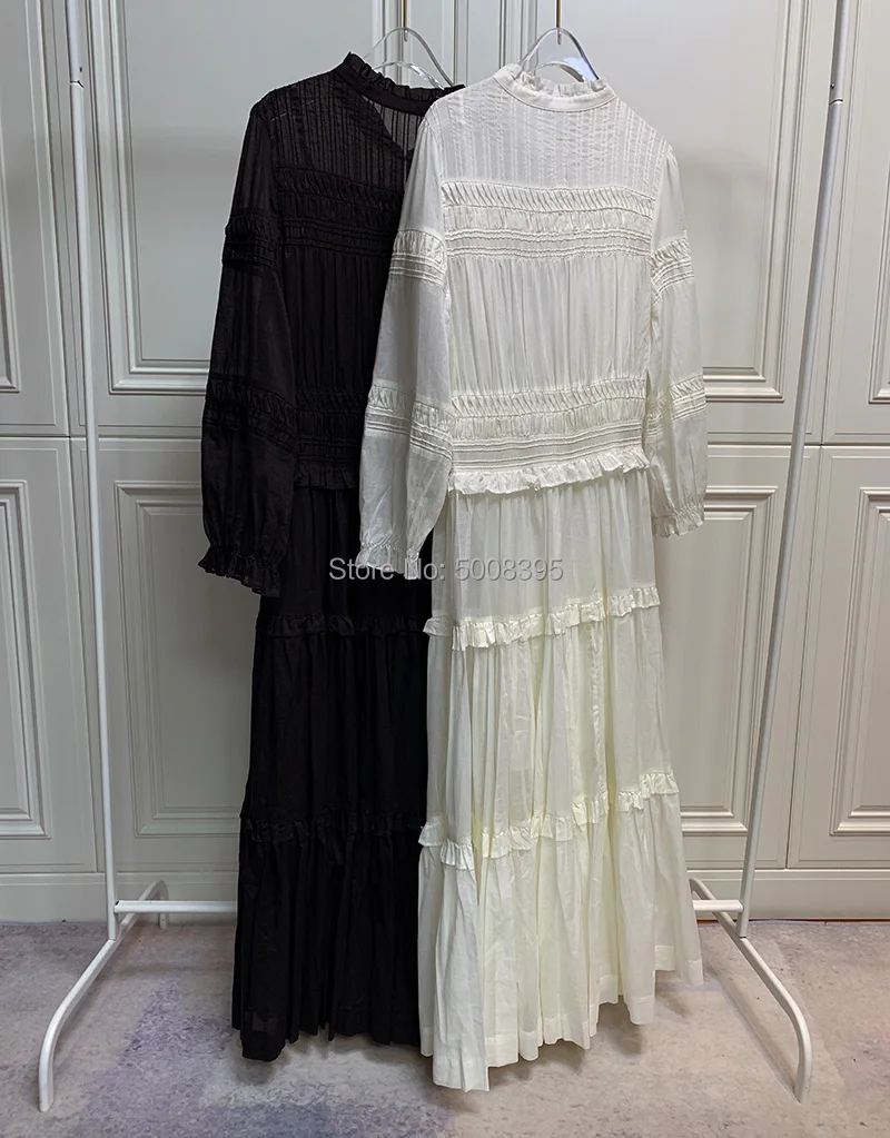 Белое черное Хлопковое платье миди с круглым вырезом и оборками, с длинными рукавами, спереди, со складками, Модное Длинное Платье