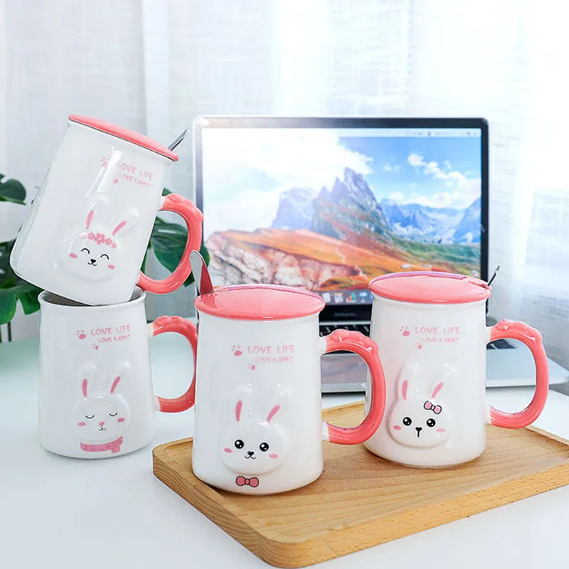 Korean style creative Korean cartoon bunny ceramic cup with lid with spoon student cup office mug children's room decoration