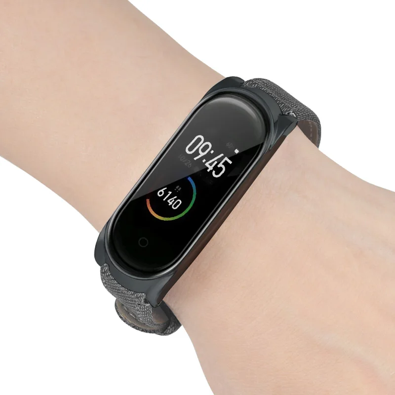 Кожаный ремешок для часов с джинсовым узором металлическим корпусом Xiaomi Mi Band 4 AS99