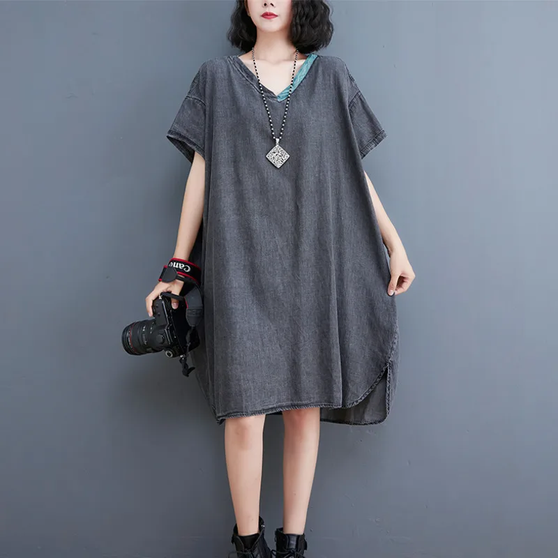 

#2123 Summer Black Jeans Dresses Women Short Sleeves Casual Denim Dress V Neck Loose Asymmetrical Retro Dress Ladies Knee-length