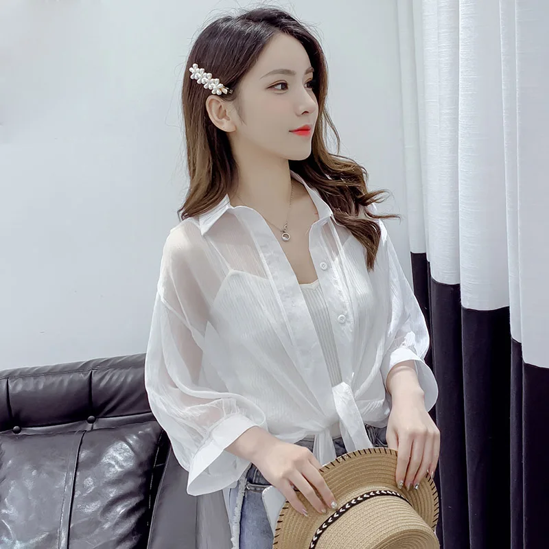 HELIAR Lantern Sleeve Chiffon Shirts Women 2020 Summer Buttoned Up Shirt Long Sleeve Blouse Tied Waist Elegant Women Blouses