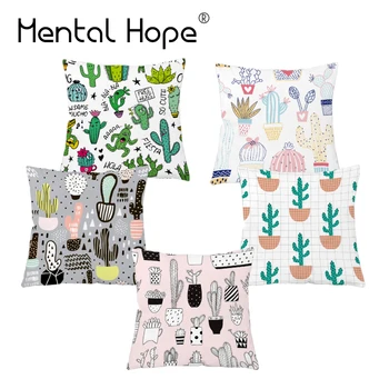 

White Plush Cactus Printed Cushion Cover Plant Pattern Throw Pillow Cover Home Decor Square Decorative Pillowcase for Sofa Bed