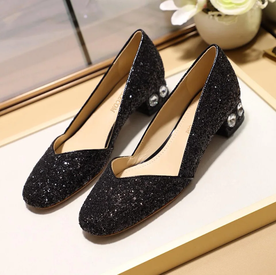 

BELLECOM 2019 Early Autumn New Sequin Shoes with Rough heels and Shallow Mouth Comfortable Low-heeled Women's Shoes