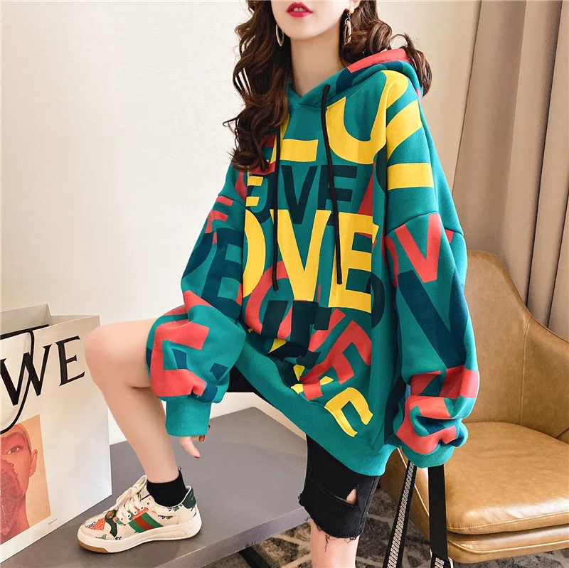 

Woman's Sweatshirts Solid Korean Female Hooded Pullovers 2020 Cotton Thicken Warm Alphabet Graffiti Street Hip Hop Hoodie