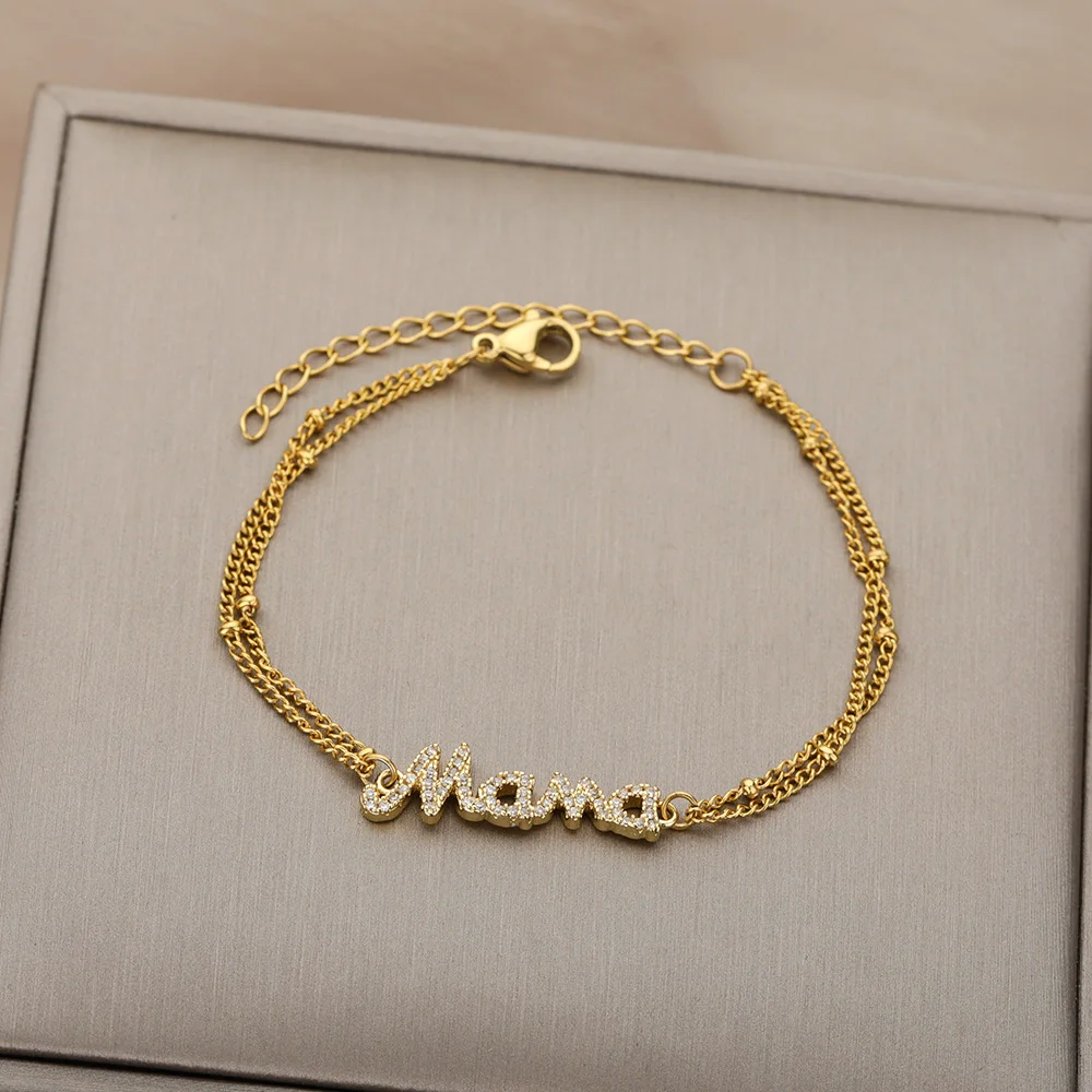 Zircon Letter Mama Bracelets Stainless Steel Double Bead Link Chain