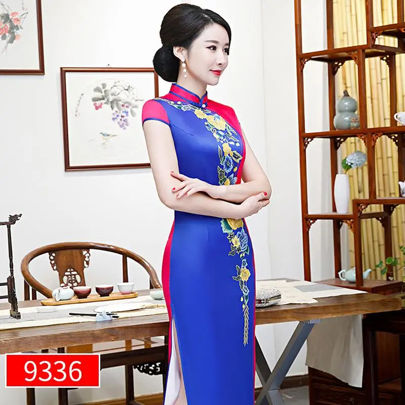 Классическое китайское традиционное Цветочное платье Qipao тонкое сексуальное длинное вечернее платье размера плюс 4xl 5xl Новинка женское платье Cheongsam Vestidos - Цвет: blue